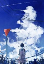 Rule 34 | 1girl, arms at sides, asahina hiyori, blue hair, blue sky, cloud, copyright name, day, dress, from behind, grass, highres, kagerou project, power lines, road sign, sign, sky, solo, stop sign, tall grass, twintails