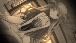 Rule 34 | 1boy, 1girl, bare shoulders, choker, dress, dutch angle, flat chest, girl on top, greyscale, heart, heart choker, hetero, highres, indoors, katou umi, long hair, looking at viewer, monochrome, pov, schatten, sleeveless, sleeveless dress, straddling, summer pockets, two side up, wavy mouth