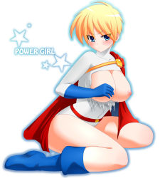 Rule 34 | 1girl, blonde hair, blue eyes, blush, boots, breasts, cape, dc comics, female focus, full body, gloves, highres, large breasts, m hirose, nipples, power girl, short hair, solo, torn clothes, white background