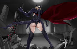1girl absurdres armor armored_boots artoria_pendragon_(fate) artoria_pendragon_(lancer_alter)_(fate) ass back black_bodysuit black_cape blonde_hair bodysuit boots braid breasts cape clothing_cutout fate/grand_order fate_(series) faulds gauntlets highres horns lance large_breasts long_hair pauldrons polearm red_cape ribbed_bodysuit shoulder_armor solo tail thigh_cutout two-tone_cape weapon yi_ke_si_gali_bang