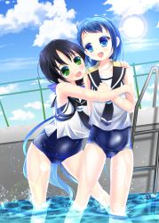 Rule 34 | 2girls, absurdres, black hair, blue eyes, blue hair, blue one-piece swimsuit, chain-link fence, chisamikan, cloud, cloudy sky, day, fence, gradient hair, green eyes, highres, kantai collection, long hair, looking at viewer, low twintails, md5 mismatch, multicolored hair, multiple girls, neckerchief, one-piece swimsuit, outdoors, pool, pool ladder, poolside, resolution mismatch, ribbon, sailor collar, samidare (kancolle), school swimsuit, school uniform, serafuku, shirt, sky, sleeveless, sleeveless shirt, source smaller, sun, suzukaze (kancolle), swimsuit, swimsuit under clothes, twintails, very long hair, wading, water, wet
