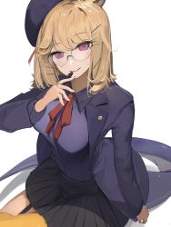 Rule 34 | 1girl, absurdres, animal ears, arknights, black hat, black jacket, black shirt, black skirt, blonde hair, blush, breasts, garter straps, glasses, hat, highres, jacket, large breasts, long hair, long sleeves, looking at viewer, miniskirt, neck ribbon, official alternate costume, open clothes, open jacket, parted lips, pen to mouth, purple eyes, red ribbon, ribbon, rimless eyewear, school uniform, shirt, simple background, sinoda, skirt, smile, solo, thighhighs, tilted headwear, utage (arknights), utage (disguise) (arknights), white background, yellow thighhighs