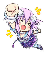 Rule 34 | &gt; &lt;, 10s, 1girl, :d, bad id, bad pixiv id, blush, chibi, clenched hand, closed eyes, d-pad, full body, hair ornament, kamia (not found), neptune (neptunia), neptune (series), open mouth, punching, purple hair, smile, solo, striped clothes, striped thighhighs, thighhighs, xd