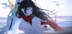 Rule 34 | 1girl, absurdres, backlighting, bird, black hair, blue eyes, cherry, coat, eggs zero, food, fruit, guitar case, highres, holding, holding plate, instrument case, long hair, long sleeves, looking at viewer, ocean, one side up, open mouth, original, plate, red scarf, scarf, scenery, seagull, sleeves past wrists, solo, sunlight, upper body, water, white coat, winter clothes, winter coat