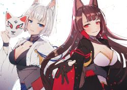 Rule 34 | 2girls, aiguillette, akagi (azur lane), animal ears, azur lane, bad id, bad twitter id, black hair, black legwear, blue eyes, blunt bangs, blush, breasts, brown hair, choker, cleavage, collar, commentary request, confetti, eyeshadow, floating hair, fox ears, fox mask, gloves, hair ornament, half-closed eyes, hanato (seonoaiko), holding, holding mask, japanese clothes, kaga (azur lane), large breasts, long hair, looking at viewer, makeup, mask, multiple girls, parted lips, partially fingerless gloves, petals, pleated skirt, reaching, reaching towards viewer, red eyes, red skirt, rigging, short hair, simple background, skirt, smile, thighhighs, thighs, unfinished, white background, white hair, wide sleeves, wrist straps