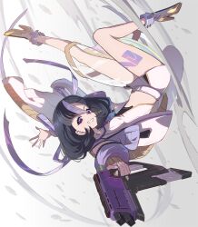 Rule 34 | 1girl, black hair, black shirt, breasts, earrings, goddess of victory: nikke, grin, hair ribbon, highres, holding, holding weapon, jacket, jewelry, leg tattoo, looking at viewer, mole, mole under eye, multicolored hair, necktie, off-shoulder jacket, off shoulder, purple eyes, purple hair, purple jacket, purple necktie, purple ribbon, ribbon, shirt, short hair, short necktie, skirt, small breasts, smile, solo, streaked hair, syope, syuen (nikke), tattoo, triangle earrings, two-tone shirt, weapon, white shirt, white skirt