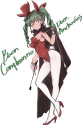 Rule 34 | 1girl, abaratani kurou, anchovy (girls und panzer), black cape, boots, bow, bowtie, breasts, cape, character name, closed mouth, commentary, drill hair, fake tail, full body, girls und panzer, green hair, hair ribbon, happy birthday, hat, high heel boots, high heels, highres, holding, italian text, leaning forward, leotard, long hair, looking at viewer, medium breasts, pantyhose, playboy bunny, rabbit tail, red bow, red bowtie, red eyes, red footwear, red hat, red leotard, red ribbon, ribbon, riding crop, simple background, smile, solo, standing, standing on one leg, strapless, strapless leotard, tail, top hat, twin drills, twintails, white background, white pantyhose, wrist cuffs