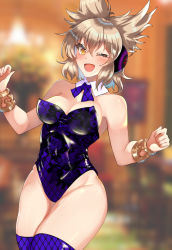 Rule 34 | 1girl, ;d, alternate costume, armpit crease, arms up, bare shoulders, blonde hair, blurry, blurry background, blush, breasts, cleavage, commentary request, depth of field, detached collar, earmuffs, eyelashes, fingernails, gold bracelet, hair between eyes, kurokan (kokkyou oudan), large breasts, leotard, looking at viewer, one eye closed, open mouth, playboy bunny, purple thighhighs, shiny skin, sidelocks, skin tight, skindentation, smile, solo, standing, thighhighs, thighs, touhou, toyosatomimi no miko, wing collar, yellow eyes
