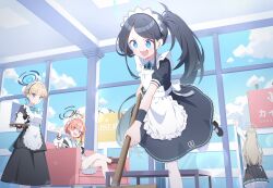 Rule 34 | 4girls, absurdly long hair, akane (blue archive), aris (blue archive), aris (maid) (blue archive), black dress, black hair, blonde hair, blue archive, blue eyes, blue halo, blush, braid, bun cover, closed mouth, dress, gloves, hair bun, halo, highres, holding, holding mop, holding tray, indoors, light brown hair, long hair, long sleeves, maid, maid headdress, mole, mole under eye, mop, multiple girls, neru (blue archive), official alternate costume, open mouth, pantyhose, ponytail, puffy short sleeves, puffy sleeves, quarterlift, red eyes, red hair, ringed eyes, short hair, short sleeves, single braid, single hair bun, smile, toki (blue archive), tray, very long hair, white dress, white gloves, white pantyhose