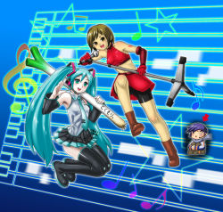 Rule 34 | 1boy, 2girls, adapted costume, arrow (symbol), beamed quavers, blouse, blue background, chibi, chibi inset, collared shirt, frilled shirt, frills, gradient background, grey shirt, gunchee, hair between eyes, hatsune miku, kaito (vocaloid), long hair, meiko (vocaloid), microphone, microphone stand, multiple girls, musical note, oversized food, oversized object, quaver, shirt, shoulder tattoo, sleeveless, sleeveless shirt, spring onion, star (symbol), tattoo, thighhighs, treble clef, triangle mouth, twintails, very long hair, vocaloid, zettai ryouiki