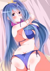 Rule 34 | 1girl, absurdres, adjusting hair, ass, bad id, bad pixiv id, bare arms, bare legs, bare shoulders, bikini, blue eyes, blue hair, breasts, butt crack, colored eyelashes, dressing, female focus, from behind, highres, large breasts, league of legends, long hair, looking at viewer, looking back, matching hair/eyes, mouth hold, shiny skin, side-tie bikini bottom, sideboob, skindentation, solo, sona (league of legends), swimsuit, tenma haruka, thighs, tying hair, underwear, very long hair