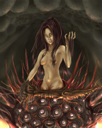 Rule 34 | 1girl, boku (artist), boku (bo ku), breasts, breasts apart, chaos witch quelaag, dark souls (series), dark souls i, hair censor, hand in own hair, highres, realistic, solo