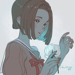 Rule 34 | 1girl, brown hair, brown shirt, flower, hands up, highres, holding, holding flower, nail polish, original, parted lips, pink eyes, pink nails, red neckwear, red ribbon, ribbon, sailor collar, shirt, short hair, signature, simple background, smile, solo, umishima senbon, upper body, white background, white flower, white sailor collar