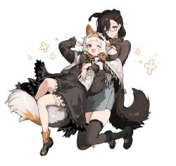 Rule 34 | 2girls, absurdres, animal ears, black fur, black hair, blonde hair, boots, cleavage cutout, closed mouth, clothing cutout, dog ears, dog girl, dog tail, dress, fox ears, fox girl, fox tail, grey eyes, highres, long hair, looking at viewer, medium hair, multicolored fur, multiple girls, one eye closed, open mouth, original, red eyes, shisantian, simple background, skindentation, skirt, smile, tail, thighhighs, white background, white fur, white hair, yellow fur