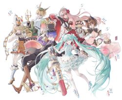 2boys 4girls ^_^ absurdly_long_hair alice_(alice_in_wonderland) alice_(alice_in_wonderland)_(cosplay) alice_in_wonderland alternate_costume ambiguous_red_liquid animal_ear_hairband animal_ears animal_hands aqua_eyes aqua_hair arm_tattoo black_hat black_pants black_vest blonde_hair blue_skirt boots bottle breasts brown_eyes brown_footwear brown_hair candlestand card cat_ear_hairband cat_ears cheshire_cat_(alice_in_wonderland) cheshire_cat_(alice_in_wonderland)_(cosplay) cleavage closed_eyes cosplay dress_pants eat_me eyepatch fake_animal_ears flower gloves grey_eyes hair_flower hair_ornament hairband hand_on_headwear hat hatsune_miku heart highres kagamine_len kagamine_rin kaito_(vocaloid) knee_boots layered_skirt long_hair long_skirt low_neckline mad_hatter_(alice_in_wonderland) mad_hatter_(alice_in_wonderland)_(cosplay) march_hare_(alice_in_wonderland) march_hare_(alice_in_wonderland)_(cosplay) medium_skirt megurine_luka meiko_(vocaloid) midriff multiple_boys multiple_girls navel pants paw_gloves perfume_bottle pink_hair playing_card purple_hair purple_shirt purple_shorts queen_of_hearts_(alice_in_wonderland) queen_of_hearts_(alice_in_wonderland)_(cosplay) rabbit_ear_hairband rabbit_ears red_flower red_rose red_skirt rose shirt short_shorts shorts shrug_(clothing) simple_background skirt tattoo top_hat twintails underbust very_long_hair vest vocaloid waistcoat white_background white_rabbit_(alice_in_wonderland) white_rabbit_(alice_in_wonderland)_(cosplay) yu_jiang_(kozakana)