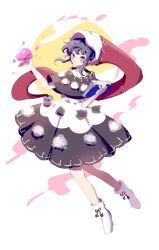 Rule 34 | 1girl, black capelet, blob, blue eyes, blue hair, blush, book, boots, bright pupils, cake mogo, capelet, closed mouth, doremy sweet, dress, full body, hand up, hat, highres, holding, holding book, looking at viewer, nightcap, pom pom (clothes), red hat, simple background, smile, solo, touhou, white background, white footwear