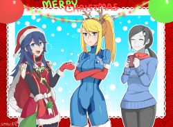 Rule 34 | 3girls, alternate costume, antlers, artist name, bag, black hair, black pants, blonde hair, blue eyes, blue hair, blue sweater, blush, bodysuit, border, breasts, candy, candy cane, christmas, closed eyes, colored skin, covered navel, crossed arms, crossover, cup, dress, elbow gloves, english text, fake antlers, female focus, fire emblem, fire emblem awakening, food, fur trim, gift, gloves, grey hair, hair ornament, hair tie, hairband, hairpin, hands up, hat, highres, holding, horns, lips, long hair, long sleeves, looking at viewer, lucina (fire emblem), matching hair/eyes, medium breasts, merry christmas, metroid, mittens, mole, mole under mouth, mug, multiple girls, nintendo, open mouth, pants, ponytail, red border, red dress, red gloves, red headwear, red neckwear, samus aran, santa costume, santa hat, sarukaiwolf, scarf, signature, skin tight, smile, standing, steam, super smash bros., sweater, teeth, text focus, tiara, white skin, wii fit, wii fit trainer, wii fit trainer (female), zero suit