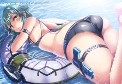 Rule 34 | 10s, 1girl, adapted costume, ass, blue eyes, blue hair, breasts, butt crack, cloud, from behind, gun, looking at viewer, looking back, matching hair/eyes, parted lips, short hair, sinon, sky, small breasts, solo, swimsuit, sword art online, toy gun, weapon