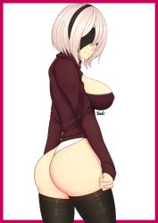 Rule 34 | 1girl, ass, black blindfold, black hairband, black thighhighs, blindfold, border, breasts, cleavage, hairband, long sleeves, nier (series), nier:automata, red border, red shirt, ryu seung, shirt, short hair, simple background, smile, solo, thighhighs, twitter username, white background, white hair, 2b (nier:automata)