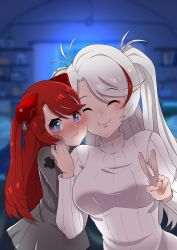 Rule 34 | 2girls, azur lane, blue background, blue eyes, blush, canned sardines, closed eyes, cross, dress, embarrassed, grey dress, hair ornament, hand on another&#039;s cheek, hand on another&#039;s face, happy, highres, iron cross, jewelry, long hair, long sleeves, mother and daughter, multicolored hair, multiple girls, prinz eugen (azur lane), red hair, ring, streaked hair, sweater, swept bangs, twintails, two side up, victory pose, wedding band, white hair, white sweater