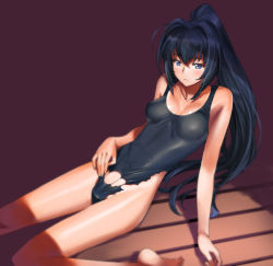 Rule 34 | 00s, 1girl, a1 (initial-g), barefoot, blue eyes, blue hair, blush, breasts, cleavage, hayase mitsuki, kimi ga nozomu eien, leotard, long hair, long legs, looking at viewer, matching hair/eyes, ponytail, sitting, solo, torn clothes, torn leotard, wariza, wooden floor