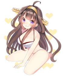 Rule 34 | 10s, 1girl, ahoge, alternate costume, bad id, bad twitter id, bare arms, bare legs, bare shoulders, bikini, blush, breasts, brown hair, cleavage, commentary request, headband, kantai collection, kongou (kancolle), light smile, long hair, looking at viewer, purple eyes, sitting, smile, solo, swimsuit, touko (toukoneko), wariza, white bikini