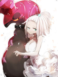 Rule 34 | 1girl, artist name, averting eyes, bare shoulders, black bow, black bowtie, black eyes, bow, bowtie, breasts, bride, closed mouth, colored sclera, confetti, creatures (company), dot mouth, dress, female focus, forehead, game freak, gen 5 pokemon, green eyes, hair bobbles, hair ornament, half-closed eyes, hand on another&#039;s chest, hand up, highres, looking to the side, medium breasts, my700, nintendo, orange sclera, pokemon, pokemon (creature), pokemon bw2, roxie (pokemon), scolipede, short hair, sidelocks, signature, simple background, sketch, standing, strapless, strapless dress, topknot, wedding, wedding dress, white background, white dress, white hair