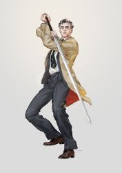 Rule 34 | 1boy, 2018, arms up, artist name, black necktie, black pants, blue eyes, brown coat, brown footwear, closed mouth, coat, commentary request, fighting stance, forehead, full body, glasses, grey background, grey hair, highres, holding, holding sword, holding weapon, jane mere, lips, long sleeves, looking at viewer, male focus, manly, necktie, original, pants, print necktie, print neckwear, shirt, shoes, simple background, smile, solo, standing, sword, weapon, white shirt