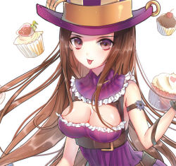Rule 34 | 1girl, :p, arm strap, breasts, brown eyes, brown hair, caitlyn (league of legends), cleavage, cleavage cutout, clothing cutout, cupcake, food, hat, joypyonn, large breasts, league of legends, long hair, solo, tongue, tongue out, top hat, upper body, very long hair, white background