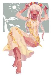 Rule 34 | 1girl, ^ ^, adjusting clothes, adjusting headwear, alternate costume, barefoot, bead anklet, bead necklace, beads, blue flower, blunt bangs, blush, closed eyes, clothing cutout, commentary request, danganronpa (series), danganronpa v3: killing harmony, dark-skinned female, dark skin, dress, eyelashes, floral print, flower, full body, hair beads, hair ornament, hair over shoulder, hands up, head wreath, highres, jewelry, lace-trimmed sleeves, lace trim, leg cutout, leg tattoo, long dress, long hair, long sleeves, longship, low twintails, nail polish, necklace, open mouth, palm tree, red flower, sarami (sa rami30), see-through, see-through sleeves, side slit, simple background, sitting, smile, solo, sun symbol, tattoo, teeth, thighs, toenail polish, toenails, toes, tree, twintails, upper teeth only, white background, white dress, white flower, white hair, white nails, white sleeves, yellow flower, yonaga angie