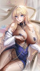 Rule 34 | 1girl, ahoge, artoria pendragon (fate), artoria pendragon (lancer) (fate), bare shoulders, between breasts, blonde hair, blue eyes, blue ribbon, blue skirt, blush, bodystocking, braid, breast lift, breasts, chain between breasts, claw ring, commentary request, covered erect nipples, curly hair, eyelashes, fate/grand order, fate (series), hair between eyes, heart, heart in eye, heart pasties, highres, indoors, large breasts, lips, long hair, long sleeves, looking at viewer, mole, mole under eye, nail polish, no bra, off shoulder, original, pasties, pink nails, ribbon, shirt, sitting, skirt, solo, sweat, symbol in eye, tsuki no i-min, very long hair, white shirt