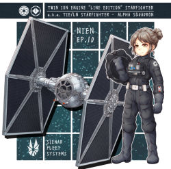 Rule 34 | 1girl, animification, boots, brown eyes, brown hair, clenched hand, galactic empire, hair behind ear, hair bun, helmet, holding, holding helmet, nosh, science fiction, single hair bun, smile, spacecraft, standing, star wars, starfighter, tie fighter, tie pilot