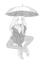 Rule 34 | 1girl, between legs, blush stickers, choker, closed mouth, greyscale, hand between legs, holding, holding umbrella, horns, jacket, long hair, long sleeves, monochrome, original, pantyhose, parted bangs, shirt, shoes, simple background, sitting, sneakers, solo, striped clothes, striped shirt, timbougami, umbrella, white background