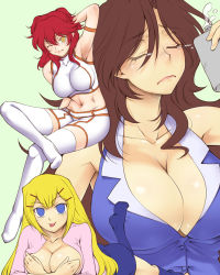 Rule 34 | 00s, 3girls, arm up, armpits, bare shoulders, blonde hair, blue eyes, blush, breast hold, breasts, brown hair, cleavage, collarbone, covering privates, covering breasts, closed eyes, female focus, freckles, gundam, gundam 00, hairu, huge breasts, large breasts, legs, louise halevy, midriff, multiple girls, nena trinity, one eye closed, red hair, sexually suggestive, sumeragi lee noriega, thighhighs, tongue, two side up, wink, yellow eyes
