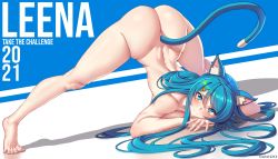 Rule 34 | 1girl, absurdres, animal ears, artist name, ass, back, barefoot, blue eyes, blue hair, blush, breasts, cat ears, closed mouth, danfer3, hair ornament, hairclip, highres, jack-o&#039; challenge, large breasts, leena (danfer3), long hair, original, ribs, shadow, solo, spread legs, tail, toes, top-down bottom-up