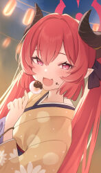 Rule 34 | 1girl, blue archive, dango, demon horns, eating, fang, food, food on face, halo, highres, horns, japanese clothes, junko (blue archive), junko (new year) (blue archive), kimono, long hair, pointy ears, purple eyes, red hair, skin fang, teti, twintails, wagashi