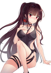 Rule 34 | 1girl, absurdres, bada (jksh5056), black one-piece swimsuit, blush, brown hair, casual one-piece swimsuit, cowboy shot, girls&#039; frontline, highres, invisible chair, long hair, looking at viewer, official alternate costume, one-piece swimsuit, ponytail, red eyes, simple background, sitting, solo, swimsuit, wa2000 (girls&#039; frontline), wa2000 (op. manta ray) (girls&#039; frontline), white background