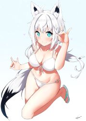 Rule 34 | 1girl, absurdres, ahoge, animal ear fluff, animal ears, aqua eyes, bikini, blush, braid, breasts, cleavage, closed mouth, commentary request, fox ears, fox girl, fox shadow puppet, fox tail, front-tie bikini top, front-tie top, full body, halterneck, heart, highres, hololive, large breasts, long hair, looking at viewer, mocacoco339, navel, o-ring, o-ring bikini, revision, sandals, shirakami fubuki, side braid, signature, simple background, smile, solo, stomach, string bikini, swimsuit, tail, virtual youtuber, white background, white bikini, white hair