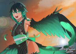Rule 34 | 1boy, :d, ahoge, armpits, artist name, bare shoulders, black kimono, blurry, braid, commission, cowboy shot, dated, depth of field, evening, eyeliner, feathered wings, feathers, fingernails, gradient hair, green eyes, green feathers, green hair, green lips, green nails, green sash, green wings, groin, hair between eyes, harpy boy, highres, japanese clothes, kimono, kunai, lens flare, lipstick, looking at viewer, makeup, male focus, monster boy, multicolored hair, obi, open mouth, orange sky, original, outdoors, outstretched arm, pointy ears, sash, sharp fingernails, short hair, side braids, signature, skeb commission, sky, sleeveless, sleeveless kimono, smile, solo, sun, tebamaru, teeth, twin braids, upper teeth only, very long fingernails, weapon, winged arms, wings