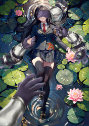 Rule 34 | 1girl, afloat, black hair, black jacket, black thighhighs, collared shirt, disembodied hand, flower, hand grab, hand over another&#039;s eyes, highres, jacket, lily (flower), lily pad, long hair, necktie, pleated skirt, protagonist 2 (housamo), red necktie, ripples, school uniform, shirt, shiva (housamo), skirt, tass commuovere, telekinesis, thighhighs, tokyo houkago summoners, water lily flower, white shirt