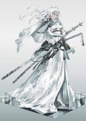 Rule 34 | 1girl, armor, belt, belt pouch, blue eyes, bridal veil, buckle, commentary, covered navel, dress, english commentary, floating hair, floral print, full body, gradient background, hand on hilt, high heels, highres, impossible clothes, japanese armor, katana, long hair, looking away, original, pouch, sheath, sheathed, skin tight, snap-fit buckle, solo, swav, sword, toeless legwear, veil, weapon, wedding dress, white dress, white hair, white theme