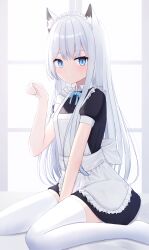 Rule 34 | 1girl, animal ears, apron, between legs, black dress, blue eyes, cat ears, cat girl, dress, expressionless, hand between legs, highres, iris37337, long hair, looking at viewer, maid, maid apron, maid headdress, original, paw pose, short dress, short sleeves, sitting, solo, thighhighs, wariza, white hair, white thighhighs