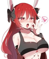 Rule 34 | 1girl, :o, animal ears, armpit crease, bad id, bad twitter id, bare shoulders, black shirt, bow, breasts, breath, cleavage, commission, crop top, detached sleeves, dungeon and fighter, fang, fellatio gesture, hair bow, hand up, heart, heart-shaped pupils, highres, large breasts, long hair, long sleeves, looking at viewer, mage (dungeon and fighter), midriff, open mouth, pointy ears, rabbit ears, red eyes, red hair, renoa yu, revealing clothes, shirt, skeb commission, sleeveless, sleeveless shirt, solo, spoken heart, symbol-shaped pupils, tongue, tongue out, underboob, upper body, working slave (character)