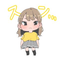 Rule 34 | 1girl, black socks, blush, chibi, closed mouth, commentary request, full body, grey skirt, highres, kashikaze, kneehighs, kunikida hanamaru, light brown hair, long hair, looking at viewer, love live!, love live! sunshine!!, pleated skirt, real life, shirt, simple background, skirt, socks, solo, takatsuki kanako, translation request, transparent background, voice actor, voice actor connection, wavy mouth, yellow shirt