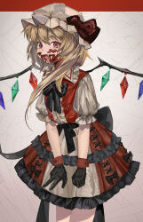 Rule 34 | 1girl, :d, absurdres, back bow, black dress, black gloves, blonde hair, blood, blood on face, bow, bowtie, commentary, cowboy shot, crystal, dress, flandre scarlet, frilled skirt, frills, gloves, grey dress, grey hat, hat, hat ribbon, henginnnnnn, highres, long hair, looking at viewer, mob cap, multicolored clothes, multicolored dress, open mouth, puffy short sleeves, puffy sleeves, red bow, red bowtie, red dress, red eyes, ribbon, short sleeves, skirt, smile, solo, touhou, v, vampire, wings, wrist cuffs