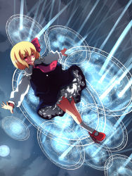 Rule 34 | 1girl, blonde hair, embodiment of scarlet devil, female focus, flying, hair ribbon, magic circle, mary janes, murani, necktie, outstretched arms, red eyes, red necktie, ribbon, rumia, shoes, short hair, solo, spread arms, tamutamu (pixiv), touhou