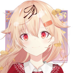Rule 34 | 1girl, alternate costume, artist name, autumn leaves, bad id, bad pixiv id, blonde hair, blush, gradient background, hair between eyes, hair flaps, hair ornament, hair ribbon, hairclip, hatsuzuki 527, kantai collection, leaf, long hair, looking at viewer, red eyes, red sweater, ribbon, skirt, smile, solo, sunlight, sweater, yuudachi (kancolle)