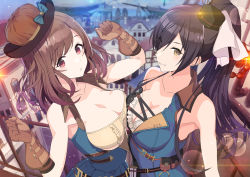 Rule 34 | 2girls, arm up, bare shoulders, black hair, blue dress, breasts, brown gloves, brown hair, building, cityscape, cleavage, commentary request, costume, dress, from side, gloves, hair ribbon, hat, high ponytail, idol, idolmaster, idolmaster shiny colors, large breasts, long hair, multiple girls, open mouth, outdoors, pink eyes, ponytail, railing, ribbon, shirase sakuya, sidelocks, smile, tomato (madanai the cat), tsukioka kogane, underboob, white ribbon, yellow eyes