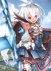 Rule 34 | 10s, 1girl, :d, bad id, bad pixiv id, blue sky, brown gloves, capriccio, cloud, dark-skinned female, dark skin, day, foreshortening, gloves, granblue fantasy, hibanar, long hair, open mouth, outdoors, red eyes, shield, signature, skirt, sky, smile, solo, standing, sword, thighhighs, water, weapon, white hair, white thighhighs, zooey (granblue fantasy)