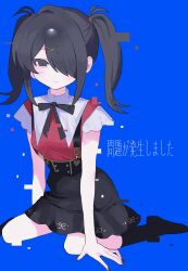 Rule 34 | 1girl, ame-chan (needy girl overdose), arm support, black eyes, black hair, black nails, black ribbon, black skirt, blue background, closed mouth, collared shirt, full body, glitch, hair ornament, hair over one eye, highres, kneehighs, long hair, looking at viewer, nail polish, neck ribbon, needy girl overdose, nial, red nails, red shirt, ribbon, shirt, sitting, skirt, smile, socks, solo, suspender skirt, suspenders, twintails, x hair ornament